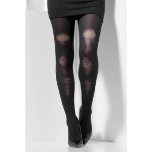 Opaque Tights - Black, with Distressed Detail
