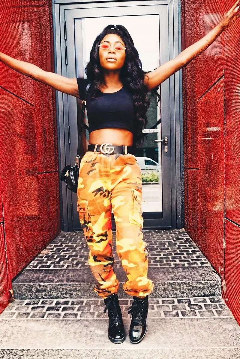 Orange Camo Printed Cargo Trousers - Vivi