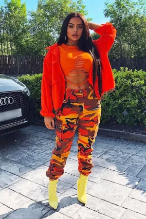 Orange Camo Printed Cargo Trousers - Vivi