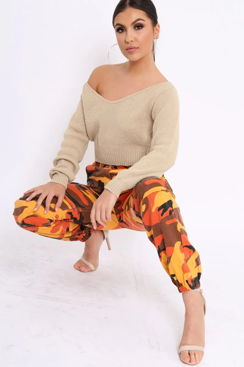 Orange Camo Printed Cargo Trousers - Vivi