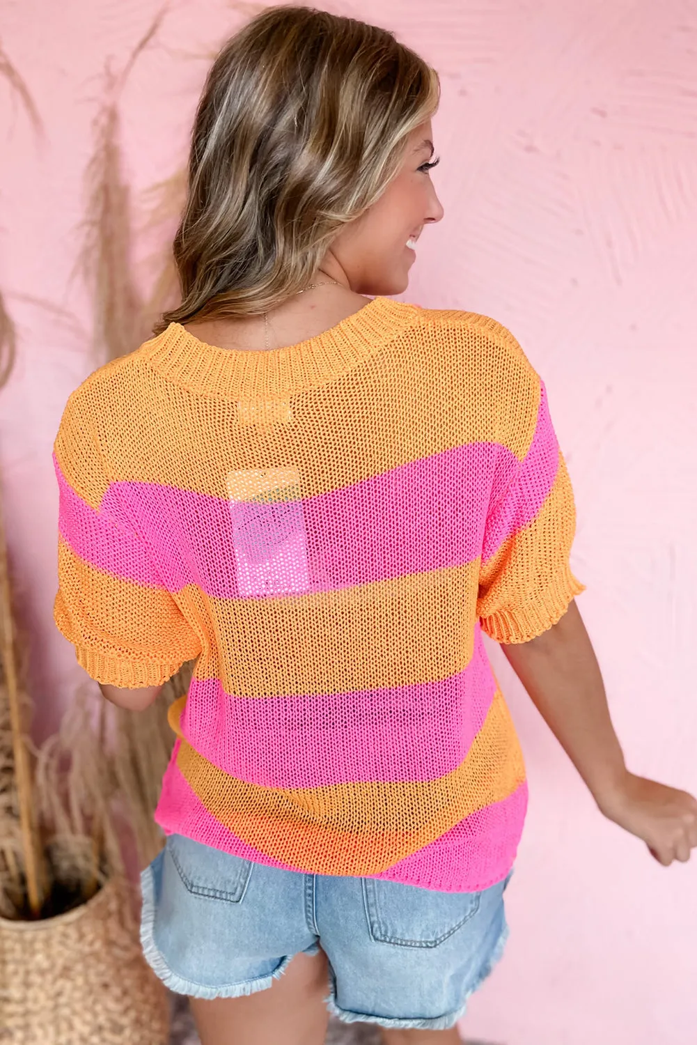 Orange Stripe Color Block Short Sleeve Knitted Sweater T Shirt
