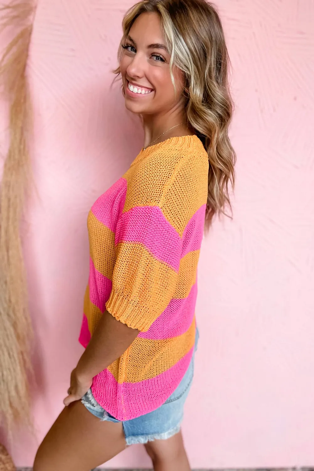 Orange Stripe Color Block Short Sleeve Knitted Sweater T Shirt