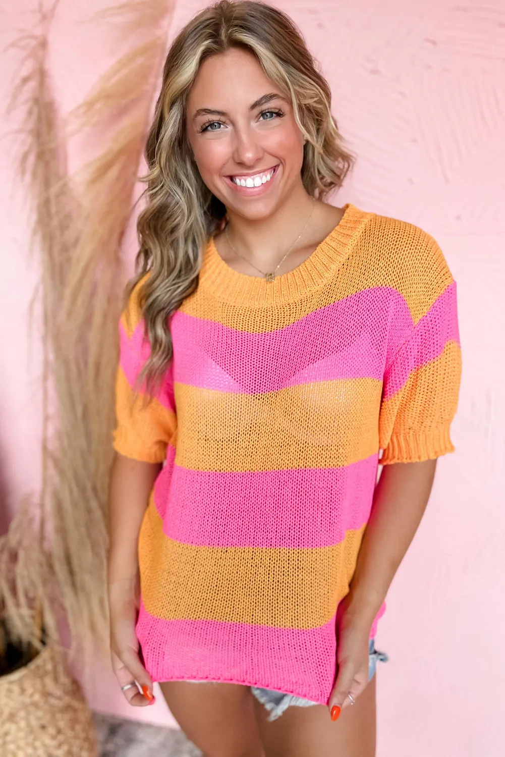 Orange Stripe Color Block Short Sleeve Knitted Sweater T Shirt