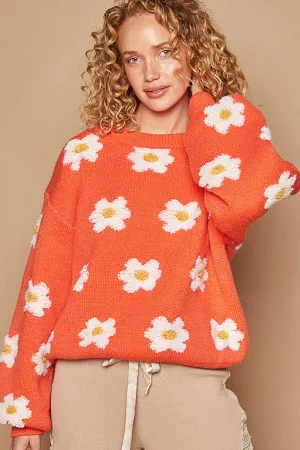 Oversize round neck daisy floral pattern sweater: Sun Orange