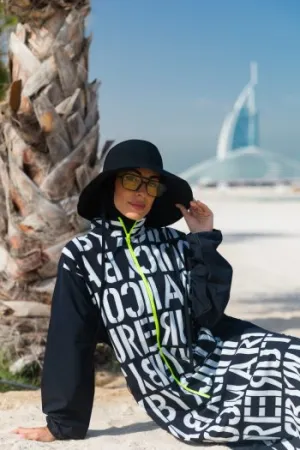 Patterned Black 4-Piece Parachute Full-Coverage Modest Swimwear