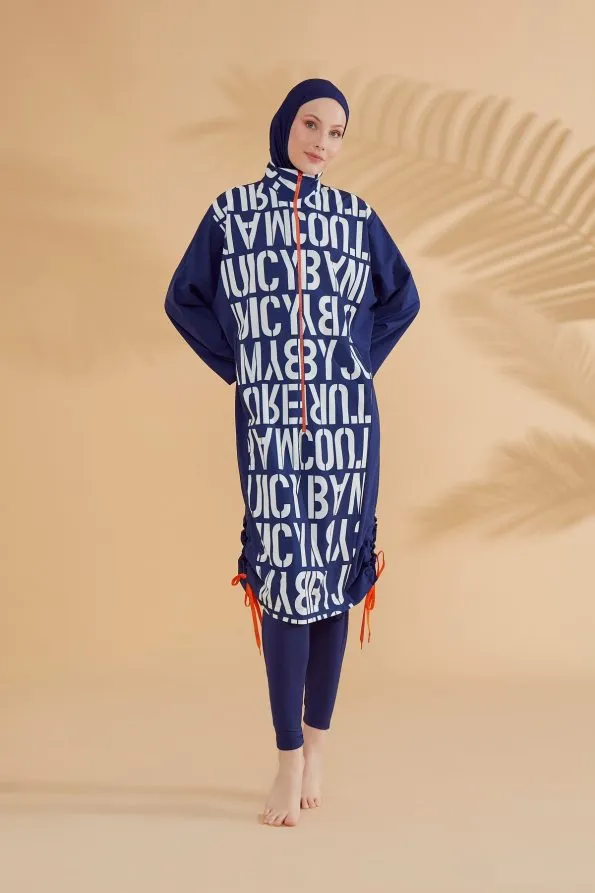 Patterned Blue 4-Piece Parachute Full-Coverage Modest Swimwear