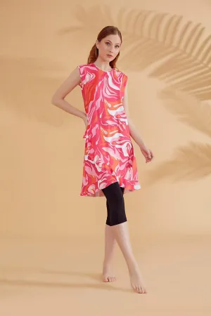 Patterned Fuchsia Tights Semi Covered Swimsuit M2370