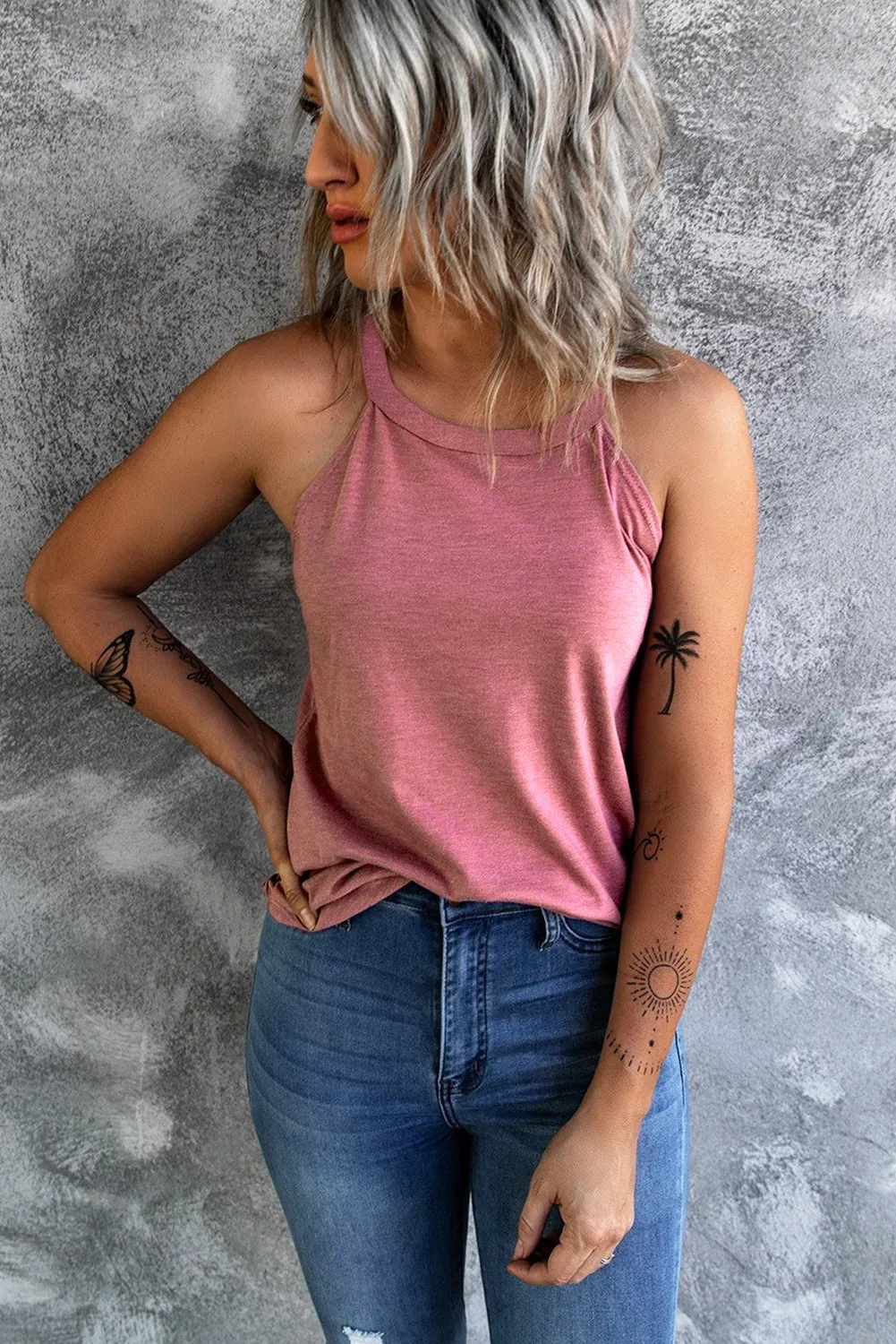 Pink Color Crew Neck Tank Top