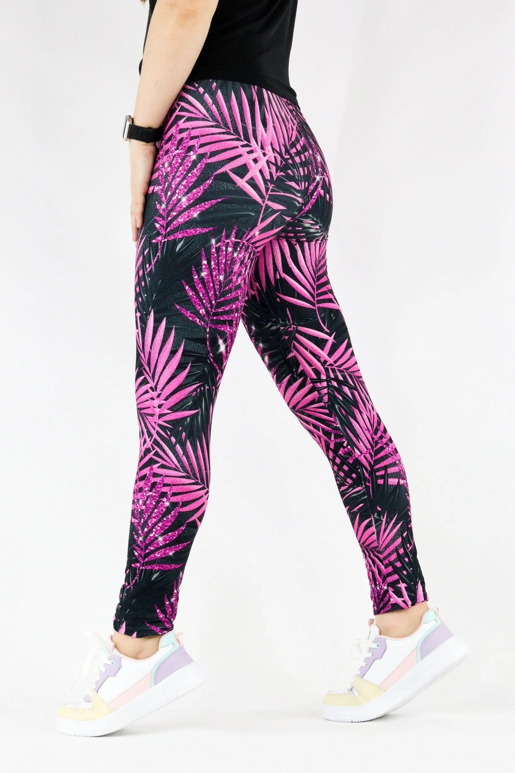 Pink Glitter Leaf - Casual - Long Full Leggings