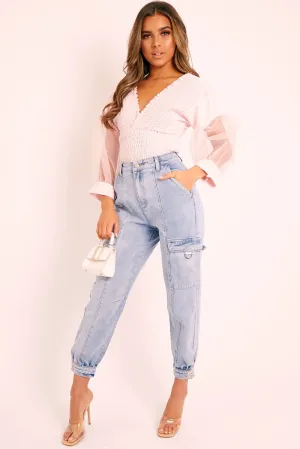 Pink Shirred Plunge Crop Top - Reina
