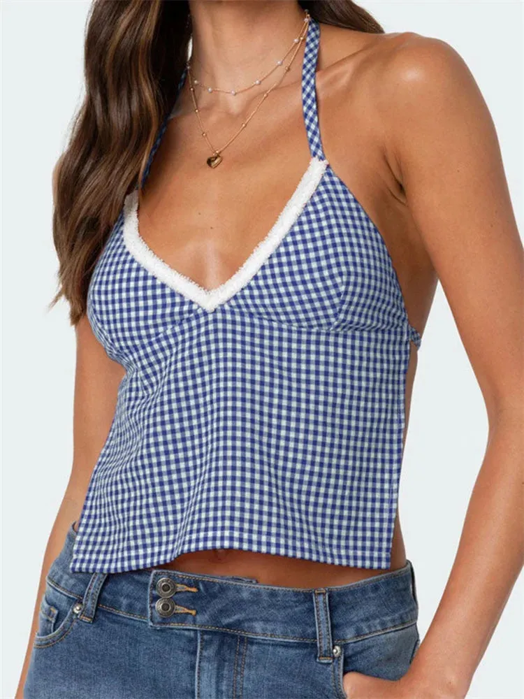 Plaid Halter Backless Deep V-neck Crop Top