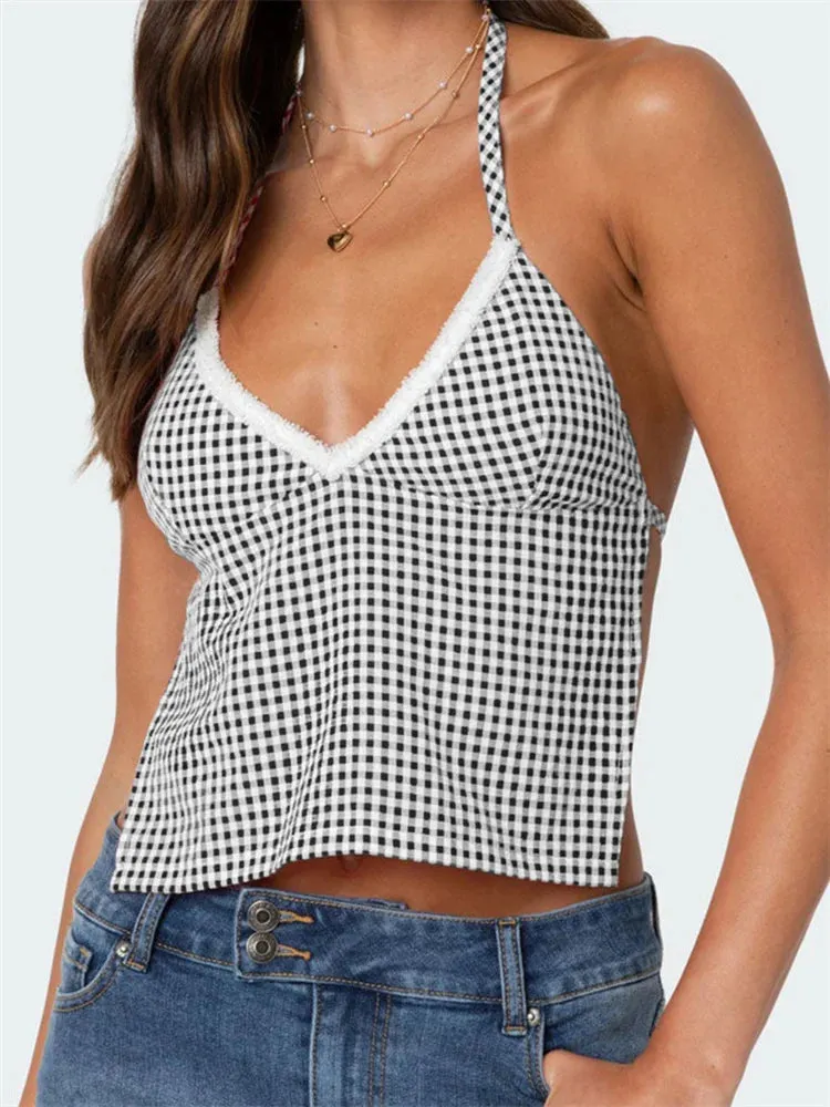 Plaid Halter Backless Deep V-neck Crop Top