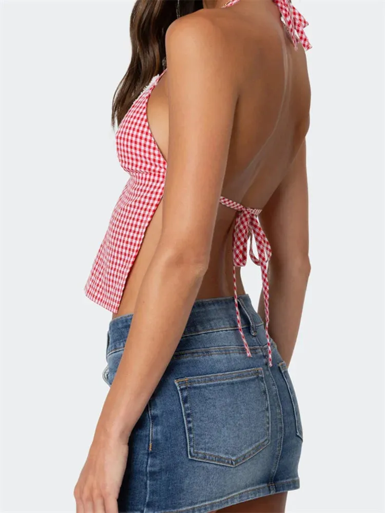 Plaid Halter Backless Deep V-neck Crop Top