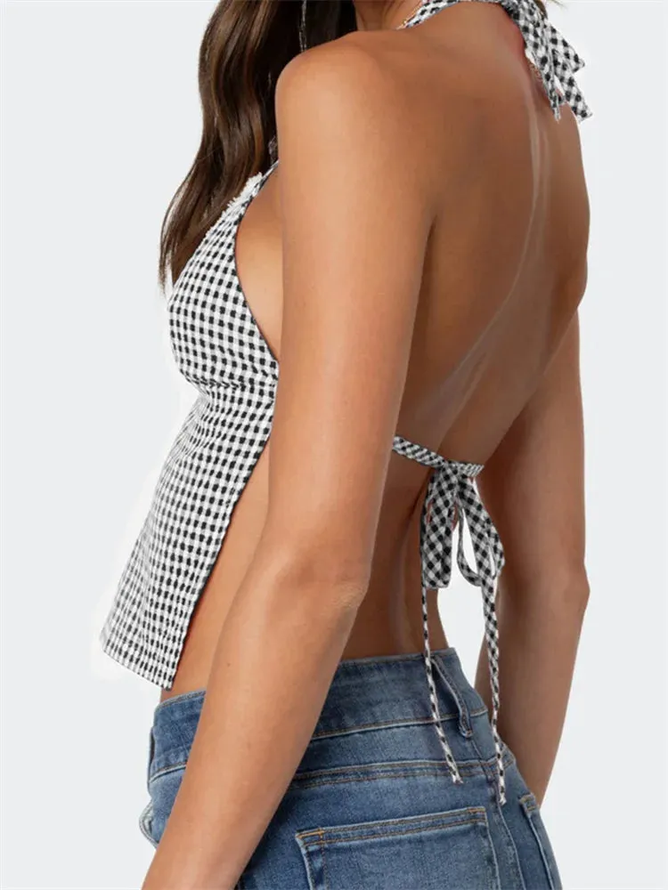 Plaid Halter Backless Deep V-neck Crop Top