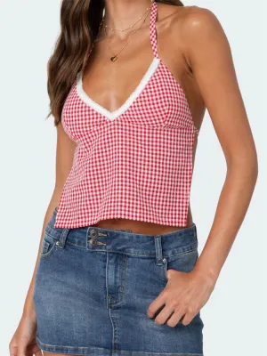 Plaid Halter Backless Deep V-neck Crop Top