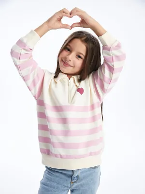 Polo Neck Striped Long Sleeve Girls Sweatshirt