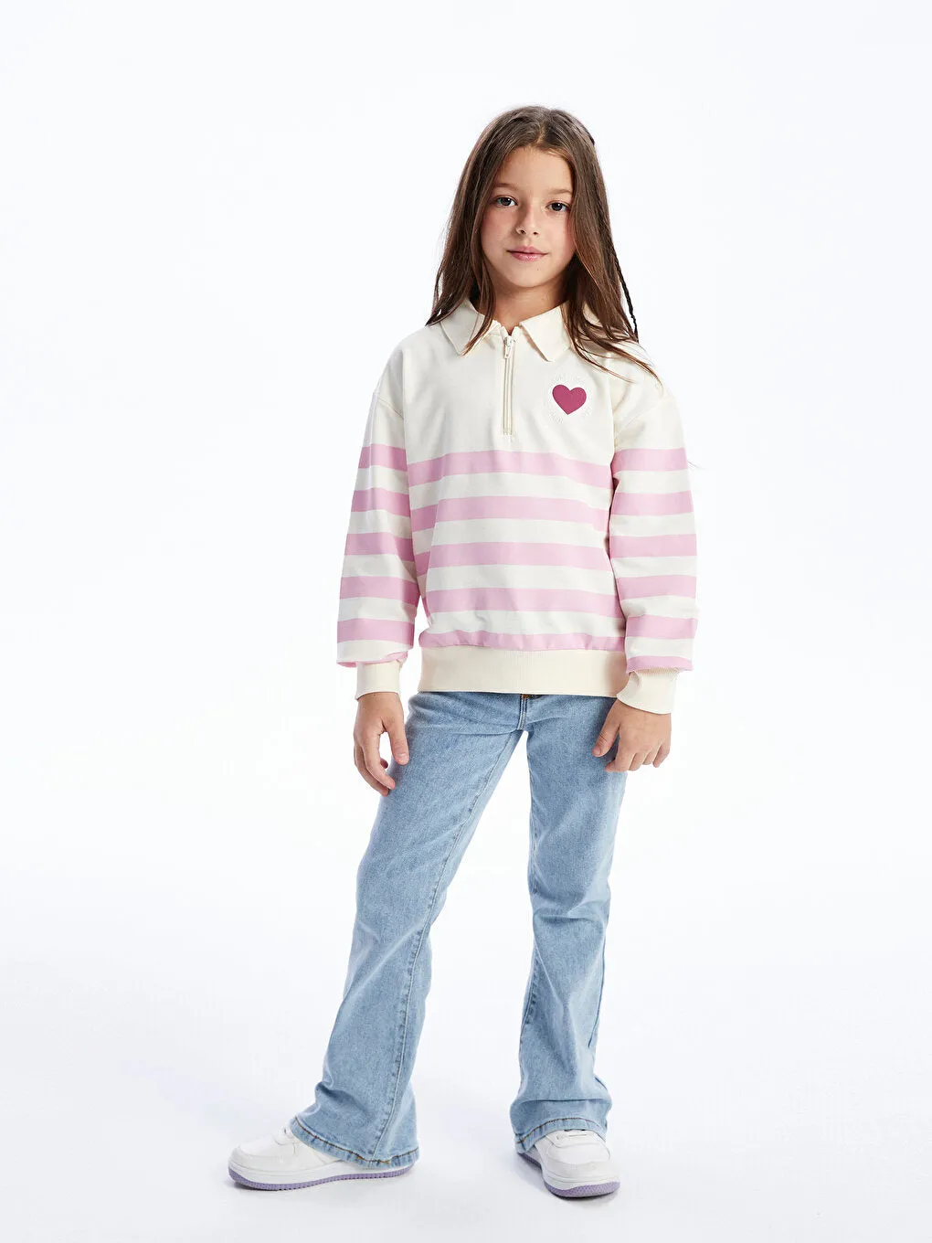 Polo Neck Striped Long Sleeve Girls Sweatshirt