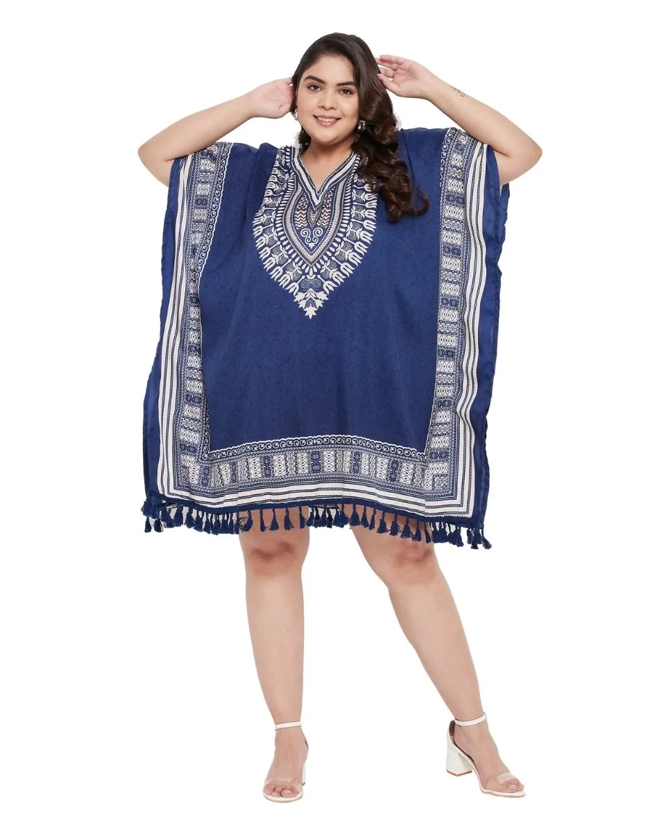 Printed Tribal Blue Polyester Tunic Top For Plus Size Women
