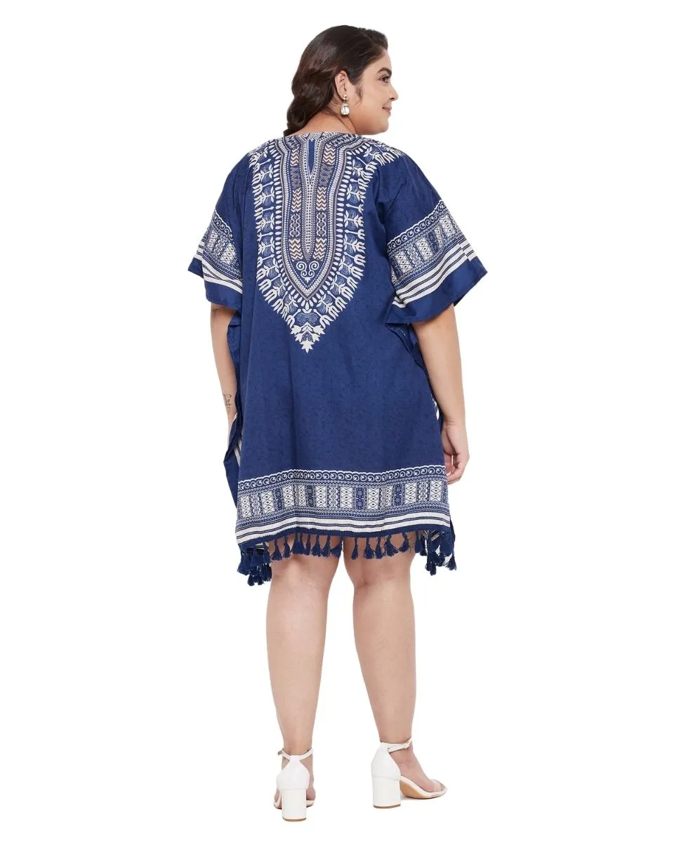 Printed Tribal Blue Polyester Tunic Top For Plus Size Women