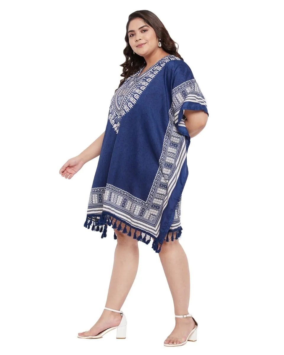 Printed Tribal Blue Polyester Tunic Top For Plus Size Women