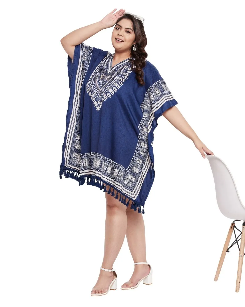 Printed Tribal Blue Polyester Tunic Top For Plus Size Women