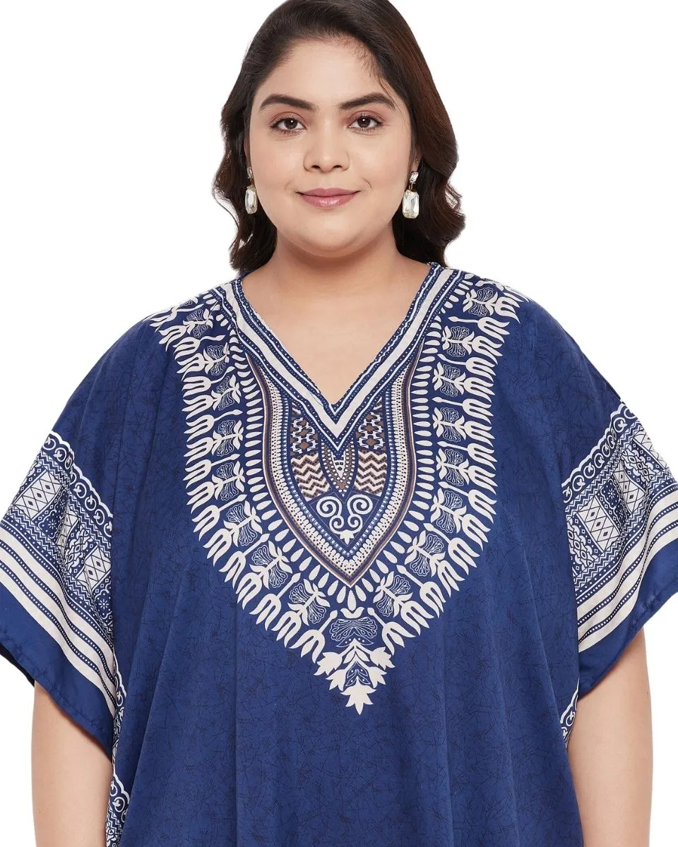 Printed Tribal Blue Polyester Tunic Top For Plus Size Women