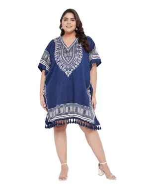 Printed Tribal Blue Polyester Tunic Top For Plus Size Women
