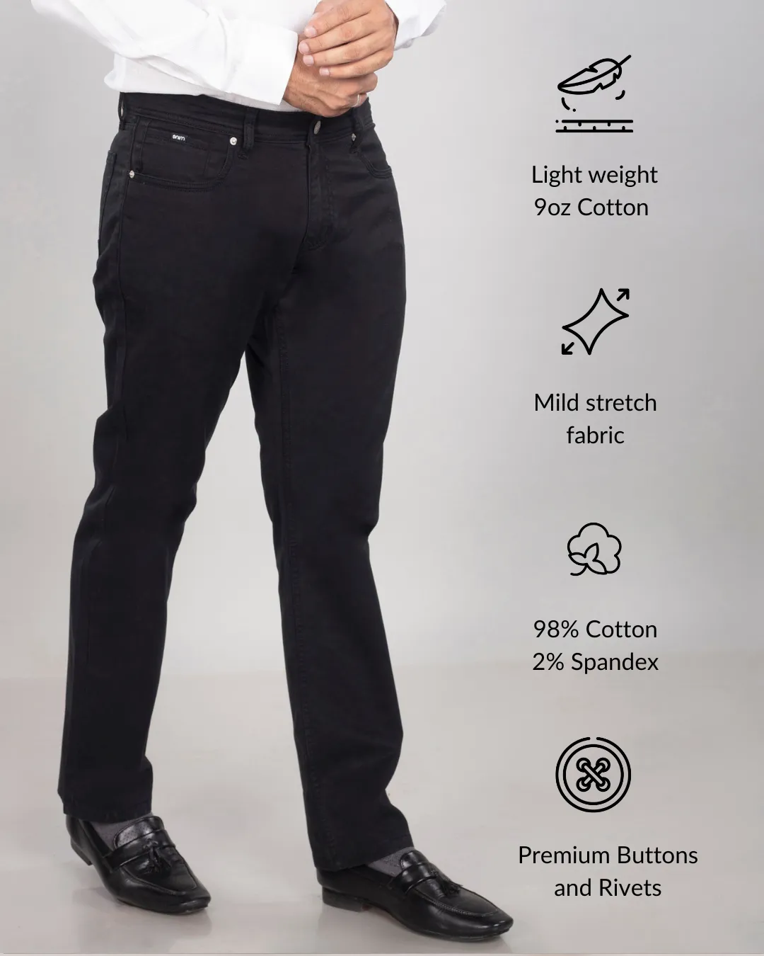 Pure Black Cotton Stretch Jeanos