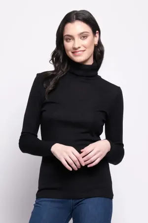 Pure Merino Rib Polo Neck Top - Black