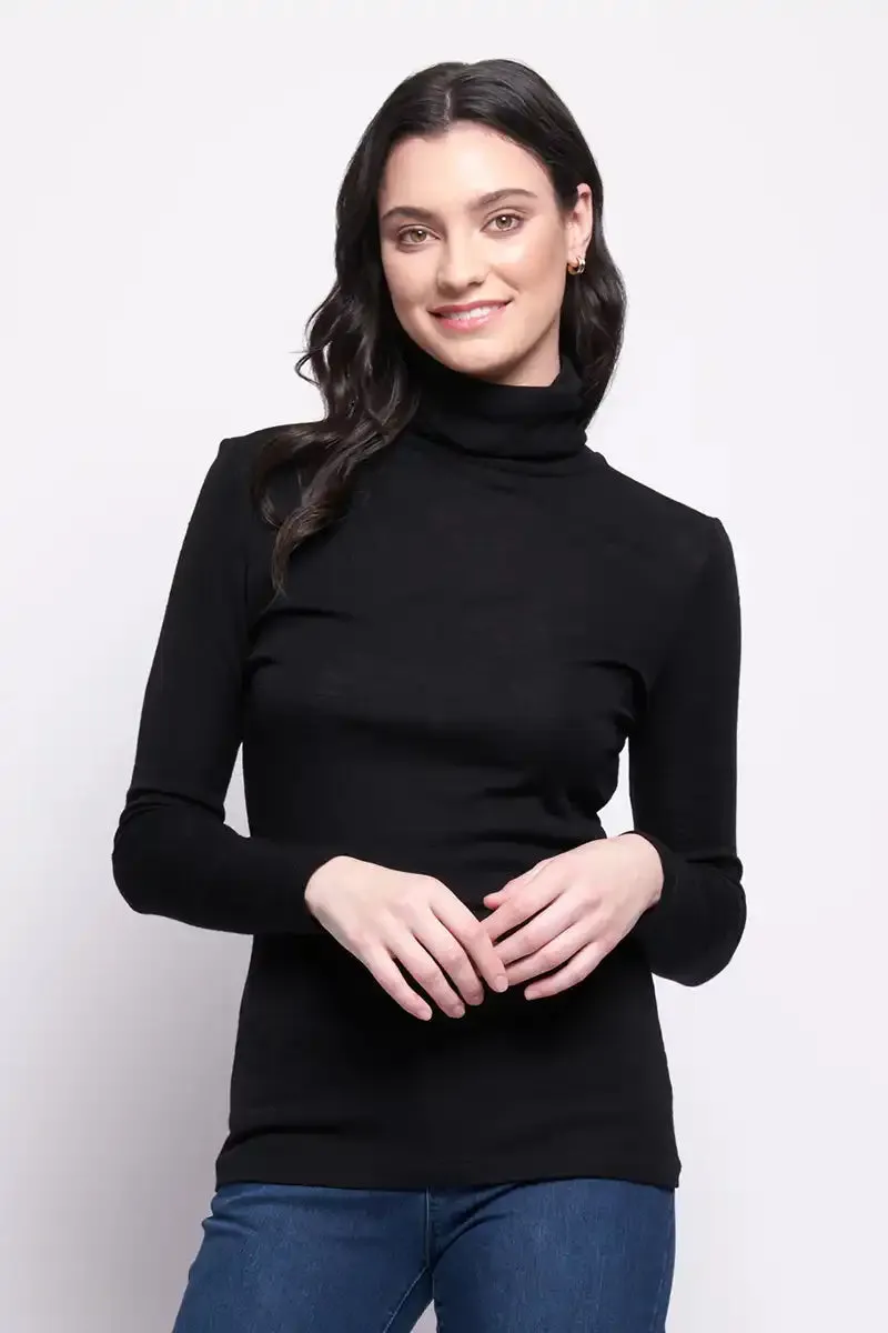 Pure Merino Rib Polo Neck Top - Black