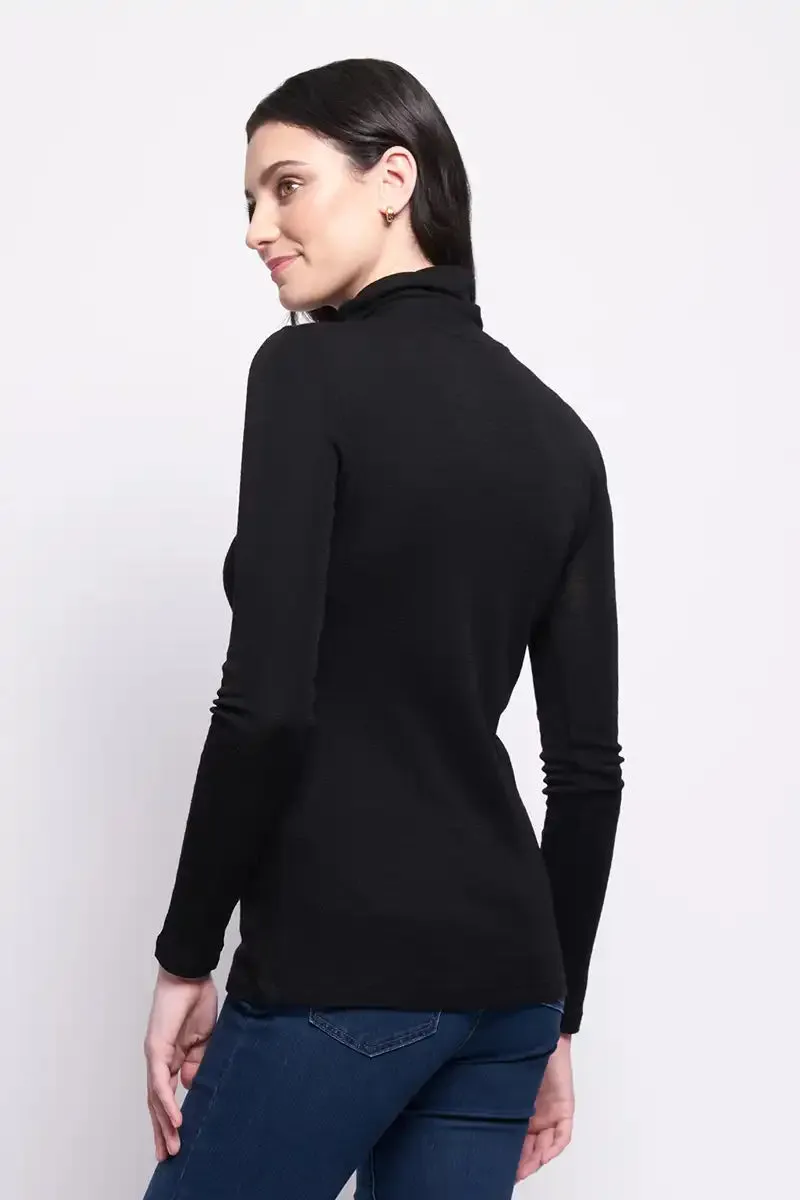 Pure Merino Rib Polo Neck Top - Black