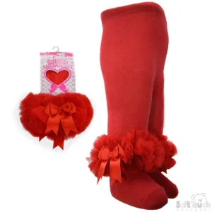 Red Frilly Gift Tights W/Organza Lace & Bow - 0-12 Months  (GT62-R)