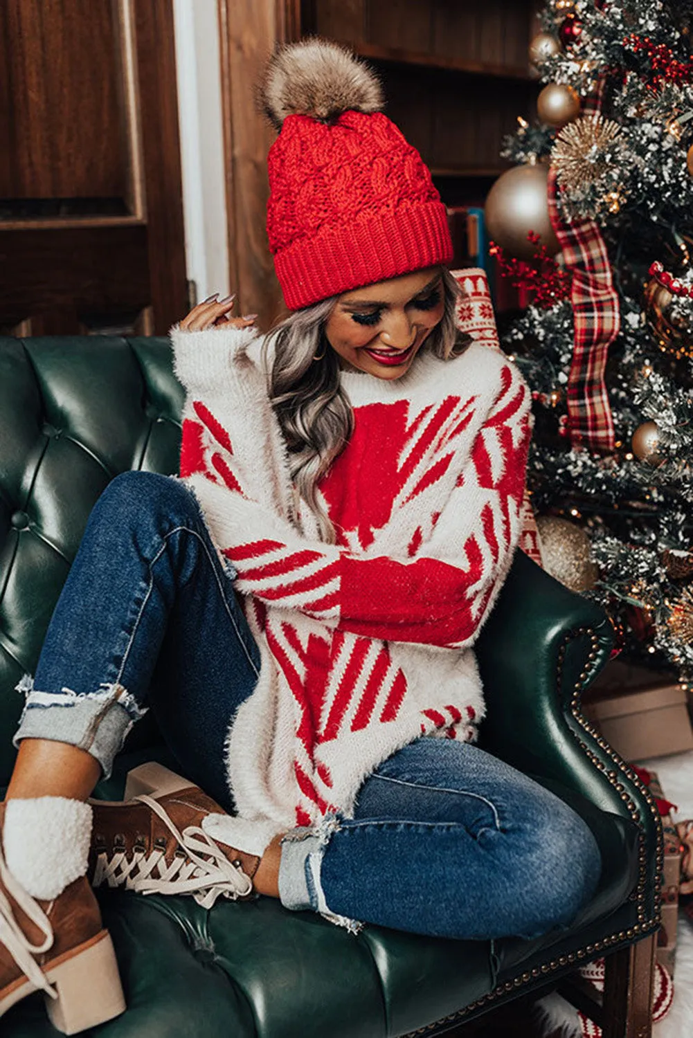 Red Fuzzy Plaid Drop Shoulder Sweater