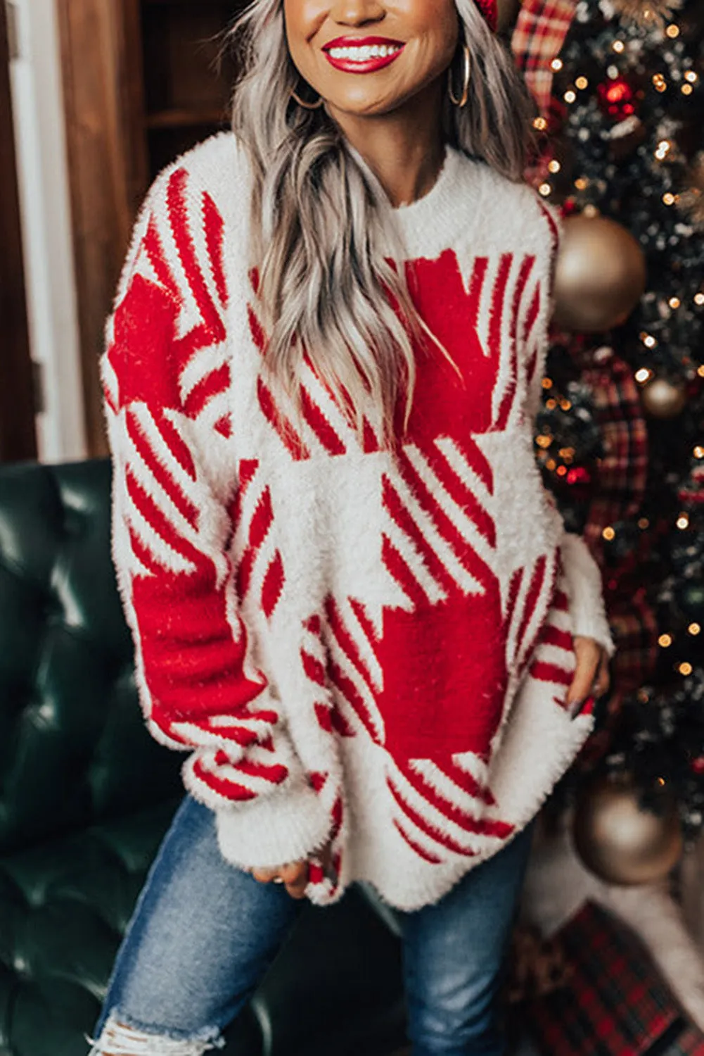 Red Fuzzy Plaid Drop Shoulder Sweater