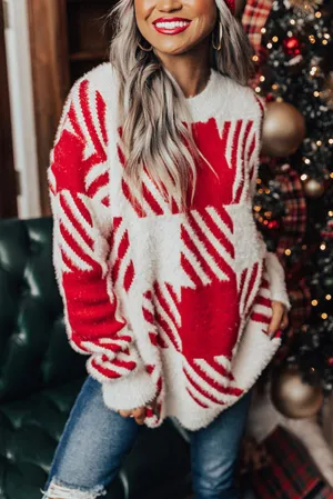 Red Fuzzy Plaid Drop Shoulder Sweater