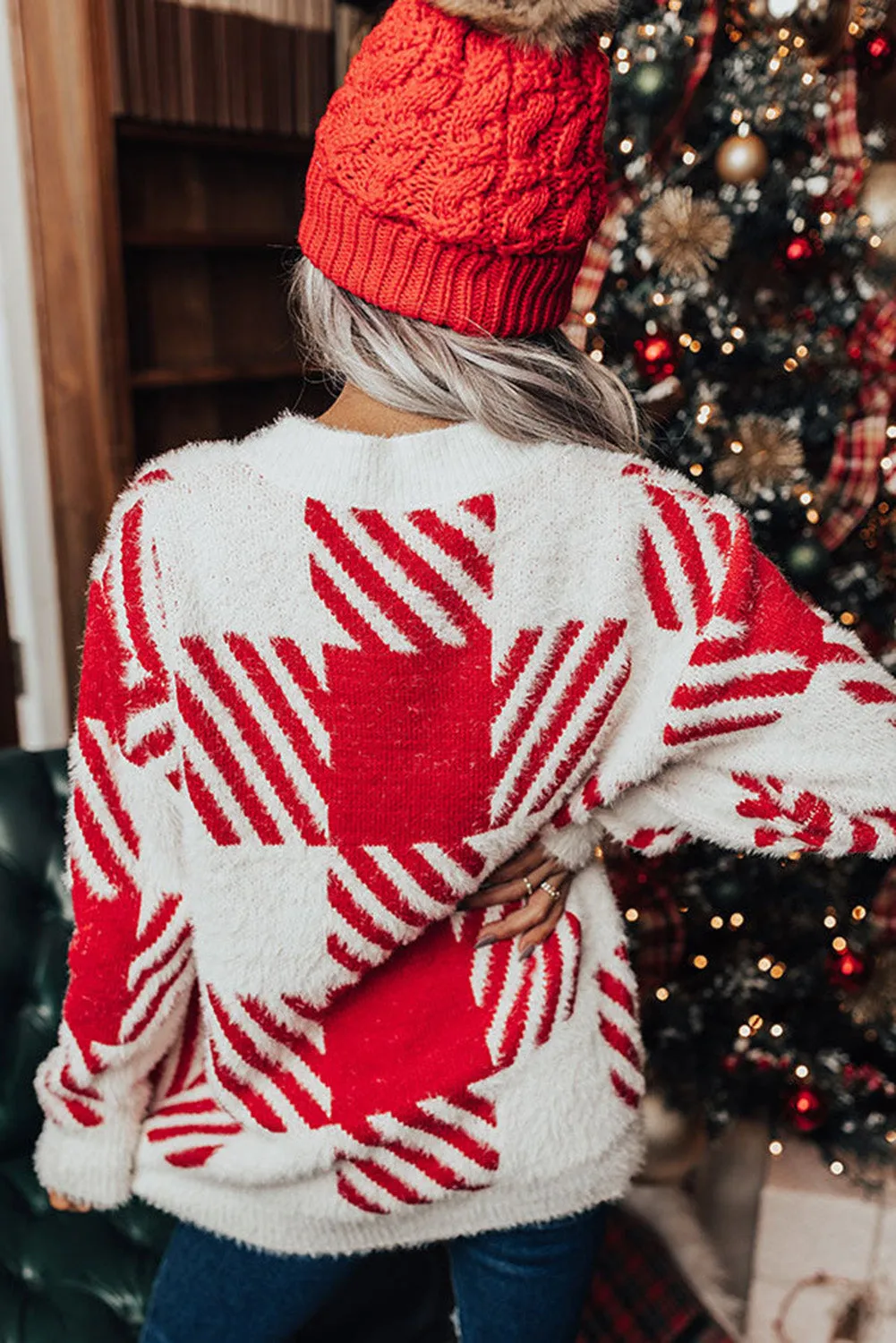 Red Fuzzy Plaid Drop Shoulder Sweater