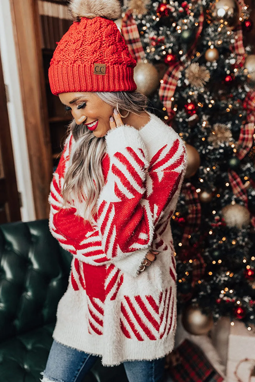 Red Fuzzy Plaid Drop Shoulder Sweater
