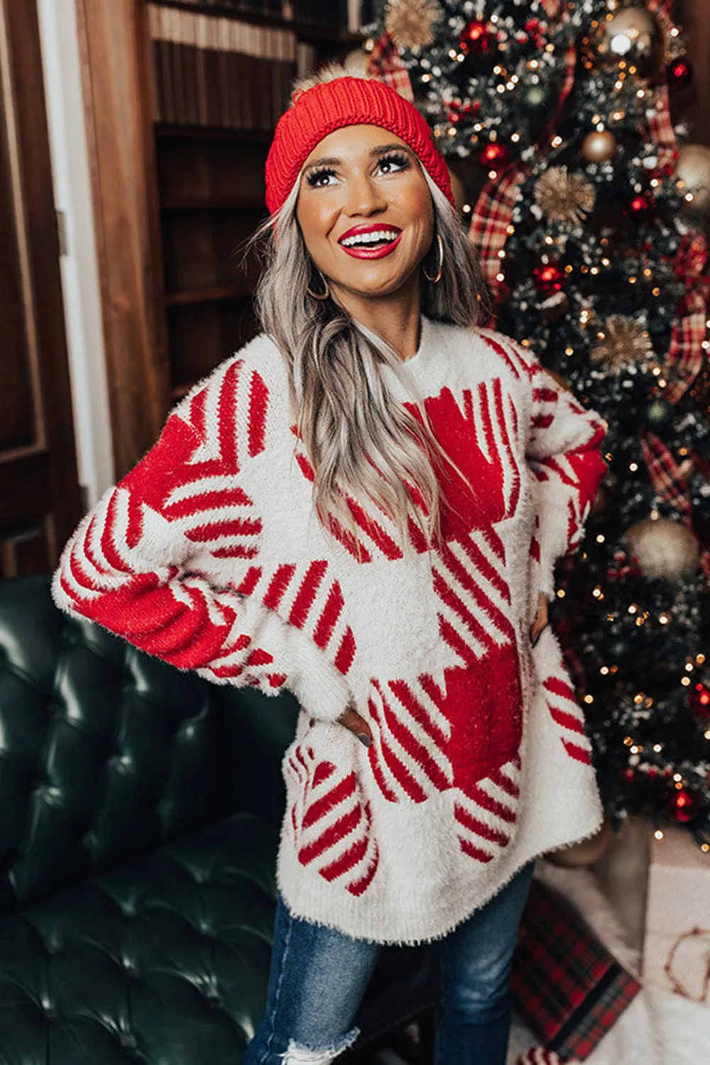 Red Fuzzy Plaid Drop Shoulder Sweater