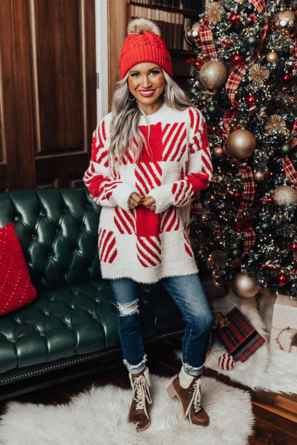 Red Fuzzy Plaid Drop Shoulder Sweater