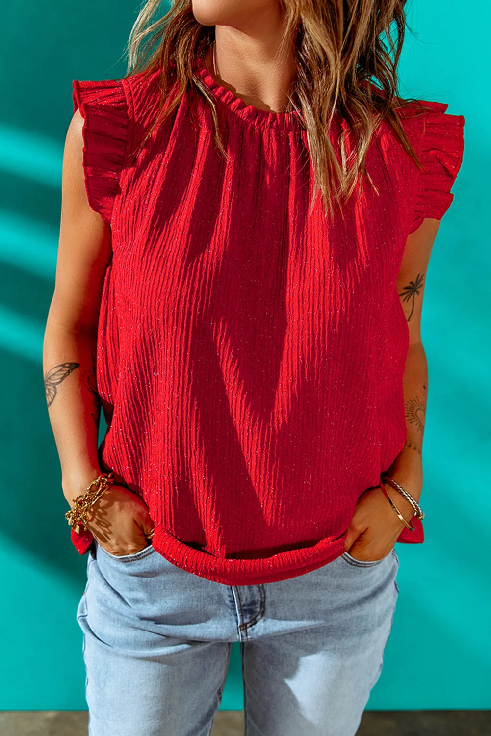Red Ruffled Ribbed Sleeveless Top