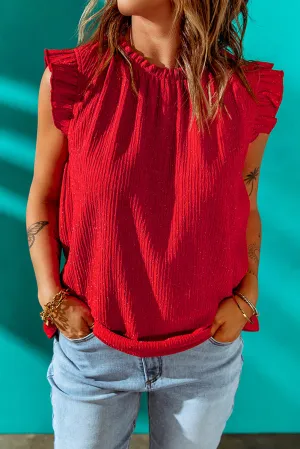 Red Ruffled Ribbed Sleeveless Top