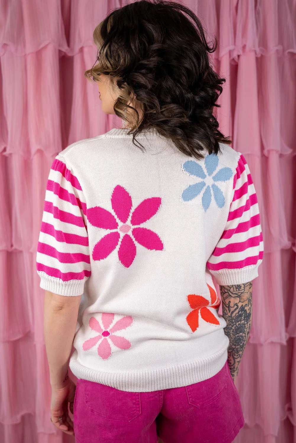 Rose Red Floral Striped Knit Short Sleeve Sweater Top