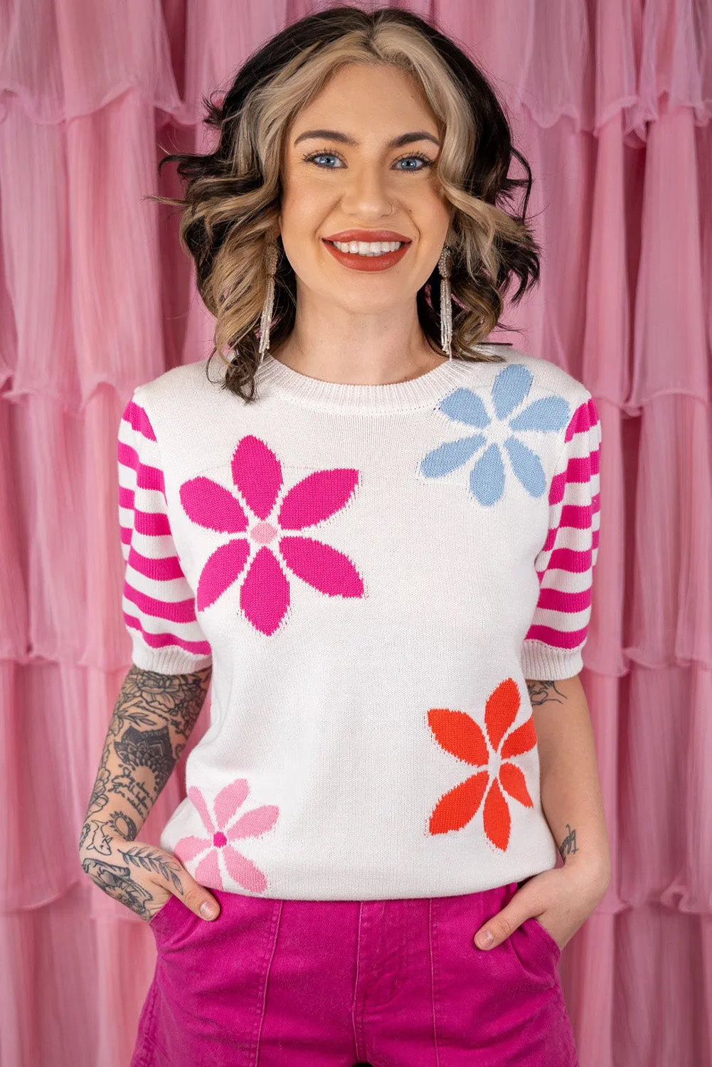 Rose Red Floral Striped Knit Short Sleeve Sweater Top