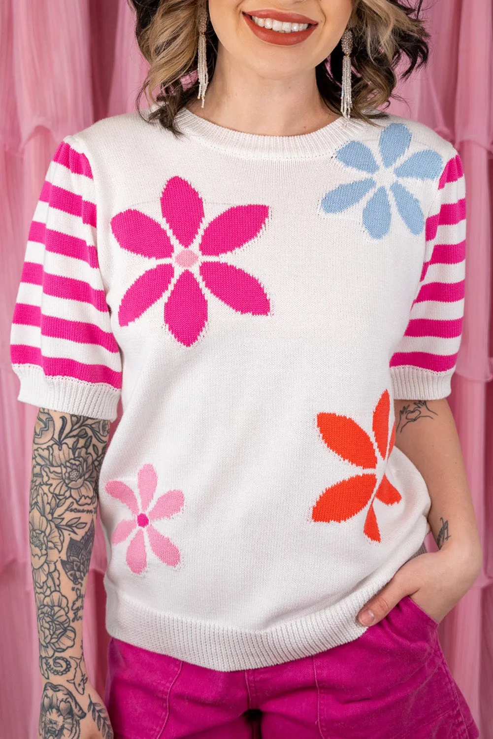 Rose Red Floral Striped Knit Short Sleeve Sweater Top