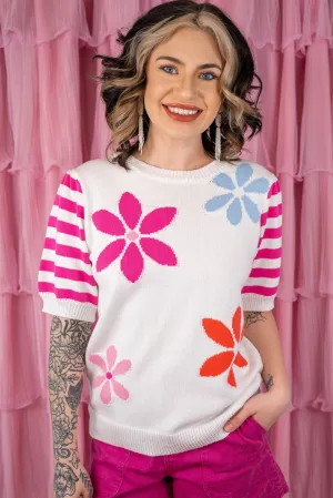 Rose Red Floral Striped Knit Short Sleeve Sweater Top