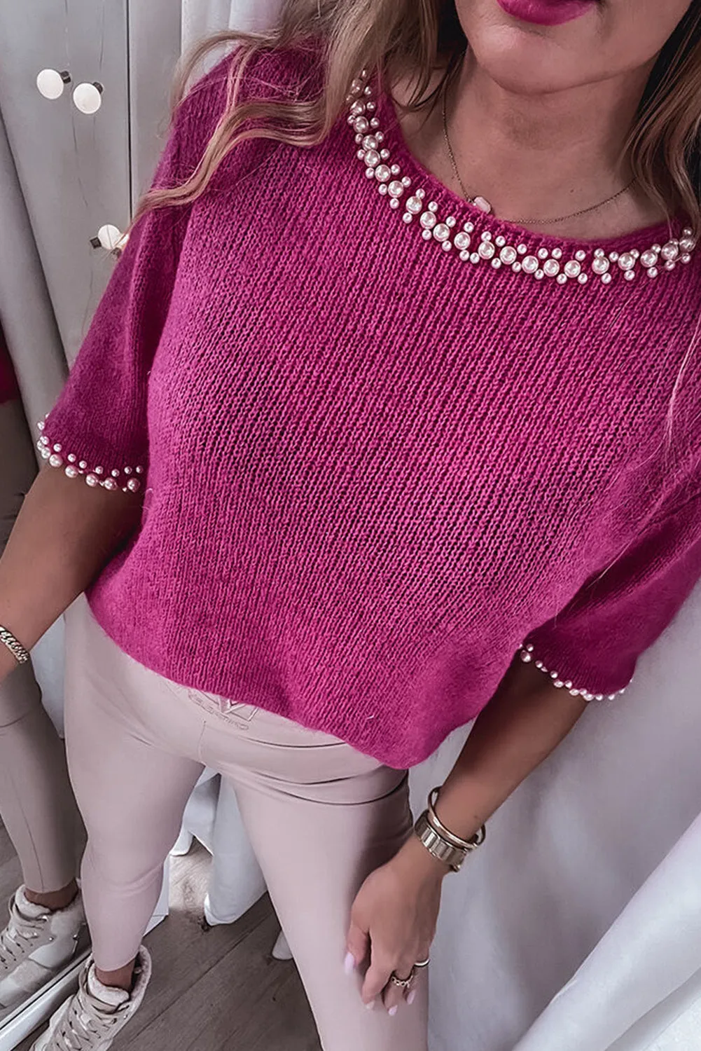 Rose Red Pearled Half Sleeve Sweater