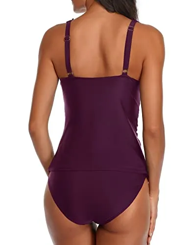 Ruffle Flounce Tankini Ruched Swimwear For Women-Maroon