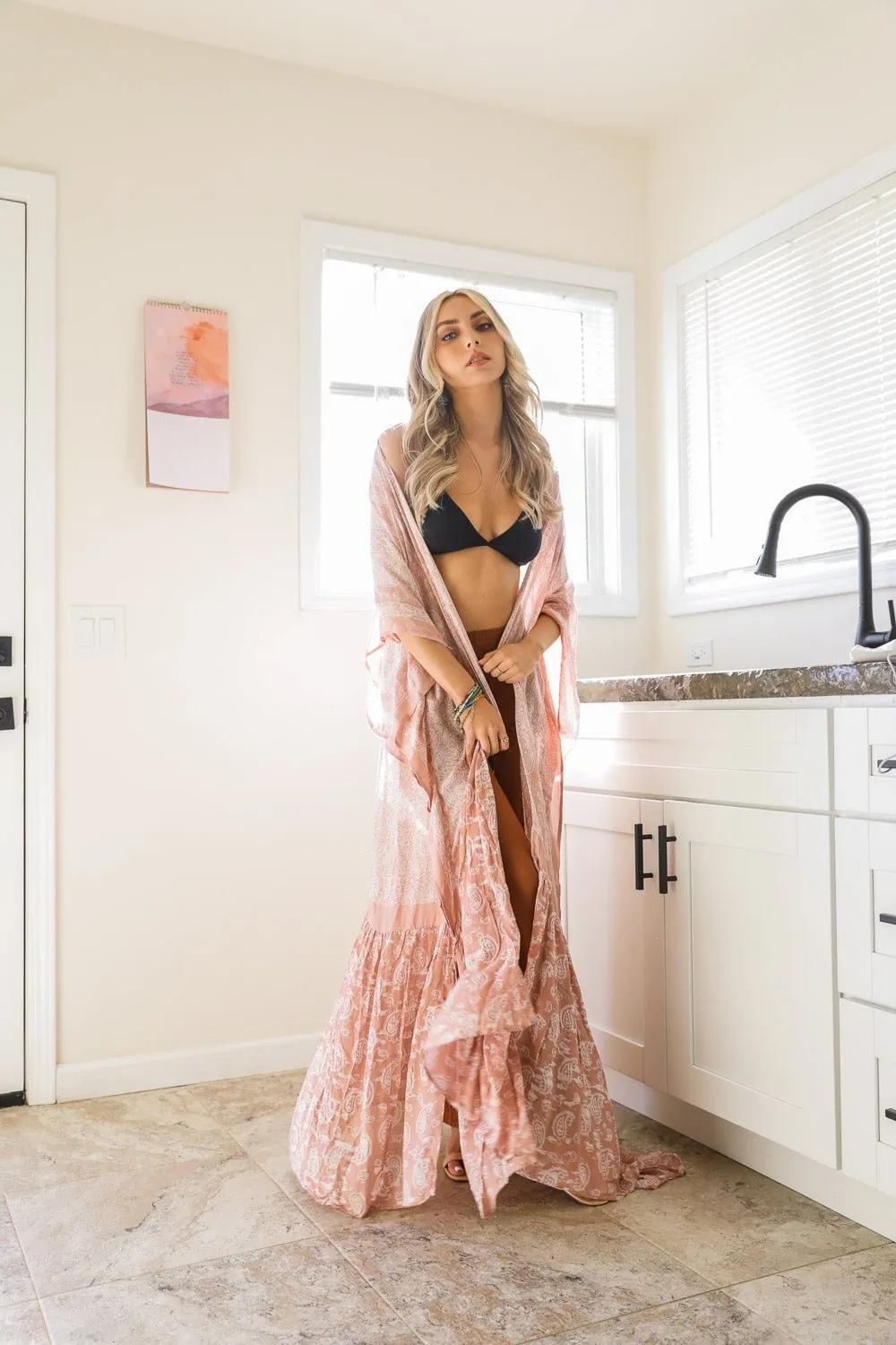 Ruffle Hem Kimono Duster with Paisley Pattern