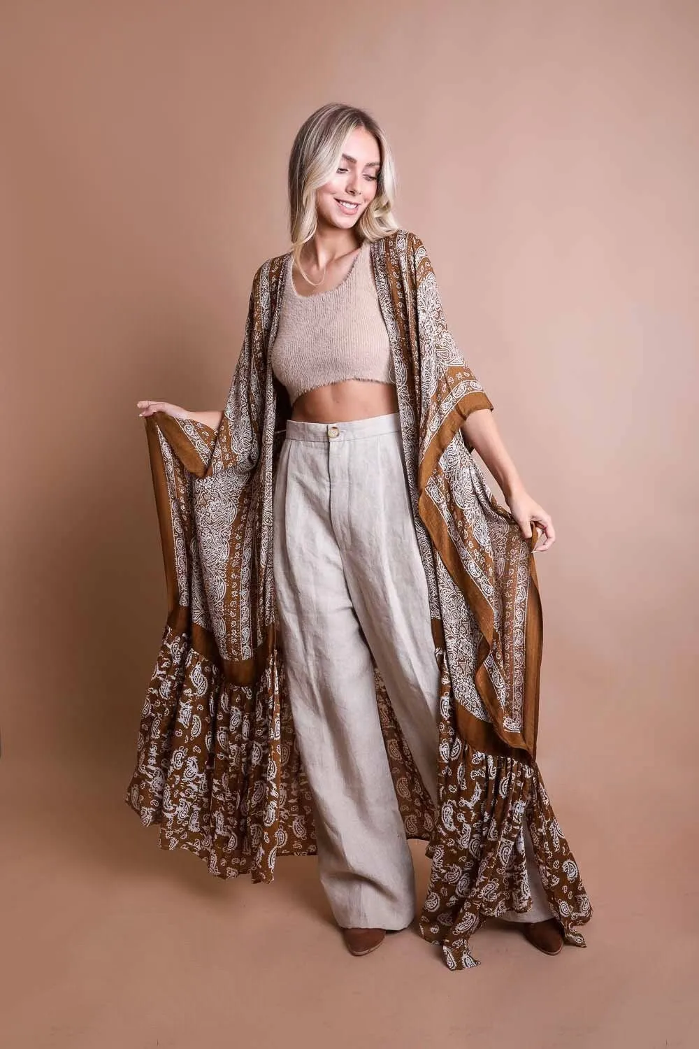 Ruffle Hem Kimono Duster with Paisley Pattern