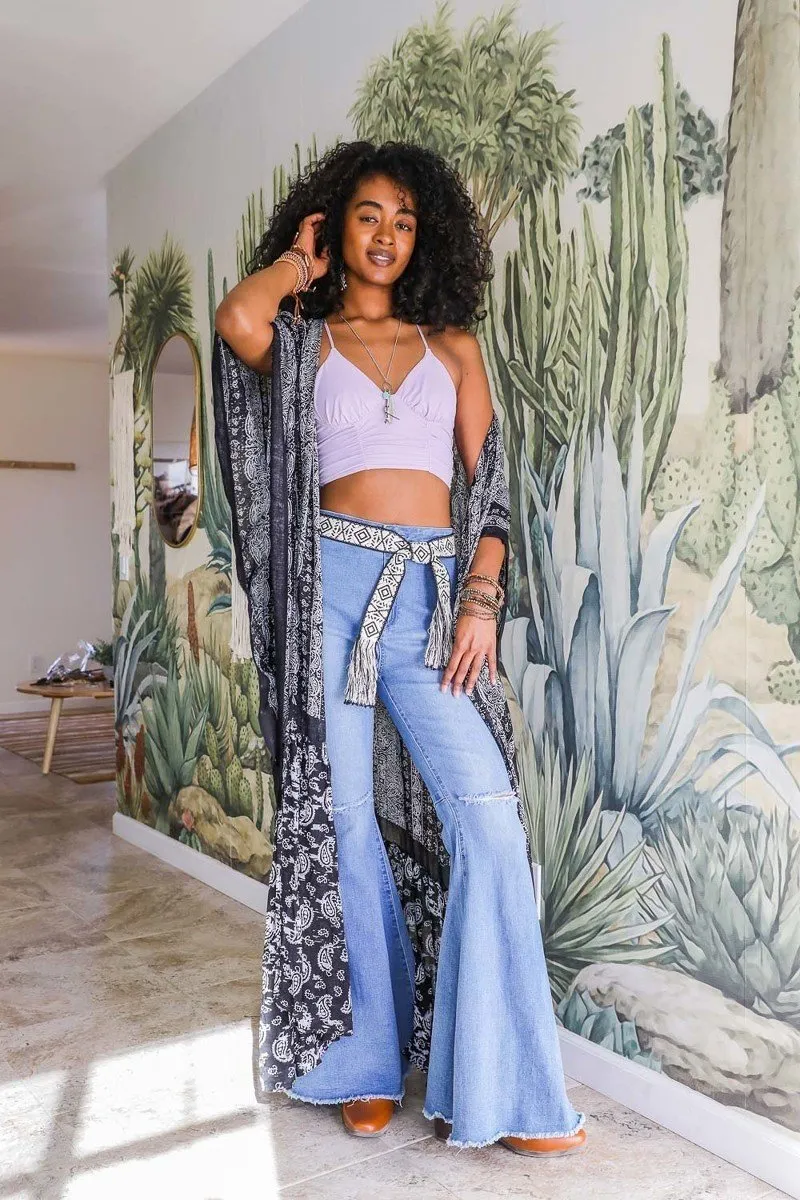 Ruffle Hem Kimono Duster with Paisley Pattern